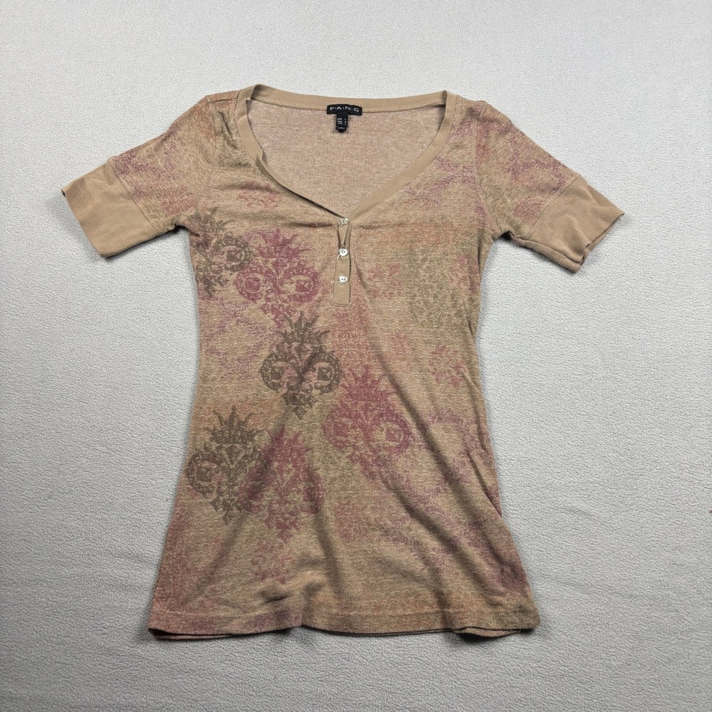 FANG Womens Tan Damask Print Short Sleeve Henley Top Large Floral Brown